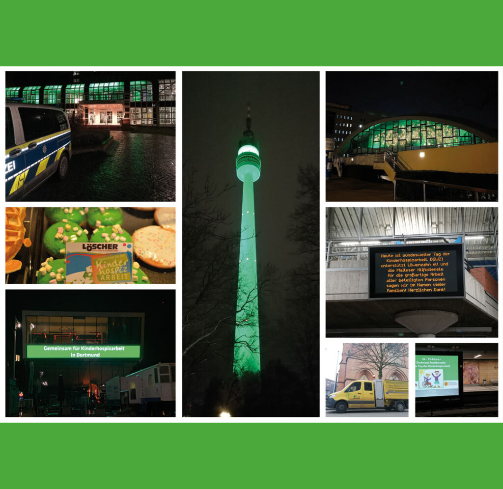 Collage aus grün angeleuchteten Gebäuden in Dortmund